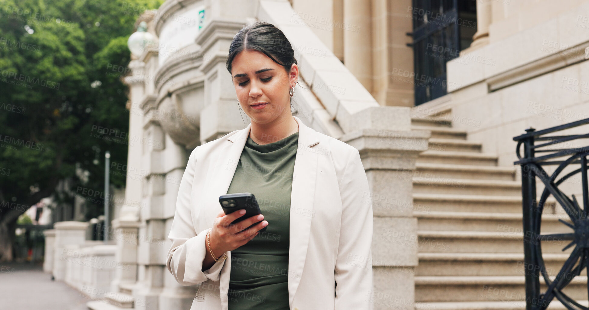 Buy stock photo Message, review or woman in town with communication, agenda change or email response on commute. Texting, networking or employee with tech, schedule update or digital connection in city travel.