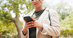 Outdoor, hands or business woman with phone, client communication or check hearing schedule for case. Contact, park or lawyer with mobile for lawsuit update email, review court brief or trial summary