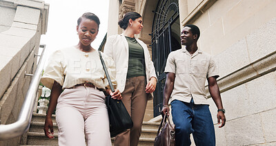 Buy stock photo City, business people and discussion with team on stairs, idea and urban planning on commute. Smile, group or collaboration with workers on steps outdoor for building development, travel or feedback