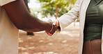 Deal, handshake and thank you with business people in park for b2b agreement or partnership. Collaboration, meeting and welcome with employee team shaking hands outdoor for opportunity or support