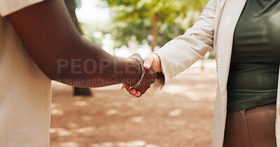 Buy stock photo Deal, handshake and thank you with business people in park for b2b agreement or partnership. Collaboration, meeting and welcome with employee team shaking hands outdoor for opportunity or support