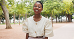 Travel, portrait and businesswoman with smile at park, laugh or real estate agent with career growth. Outdoor, black person and happy for morning commute, realtor and urban development in Nigeria