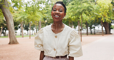 Buy stock photo Travel, portrait and businesswoman with smile at park, laugh or real estate agent with career growth. Outdoor, black person and happy for morning commute, realtor and urban development in Nigeria