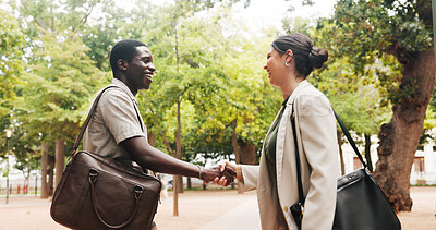 Buy stock photo Handshake, smile and thank you with business people in park for b2b agreement or partnership. Collaboration, deal and meeting with happy employee team shaking hands outdoor for opportunity or support