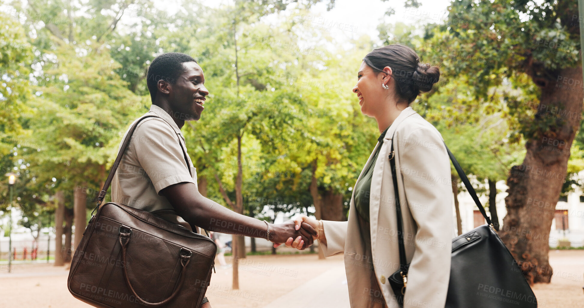 Buy stock photo Handshake, smile and thank you with business people in park for b2b agreement or partnership. Collaboration, deal and meeting with happy employee team shaking hands outdoor for opportunity or support