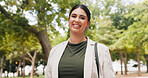Business, portrait or woman in park with commute, ambition or morning travel in work routine. Happiness, journey or employee in town with bag, pedestrian trip or career pride at start of day.