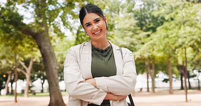 Buy stock photo Commute, portrait or businesswoman in park with arms crossed, ambition or morning travel in work routine. Happy, journey or employee with confidence, pedestrian trip or career pride at start of day.