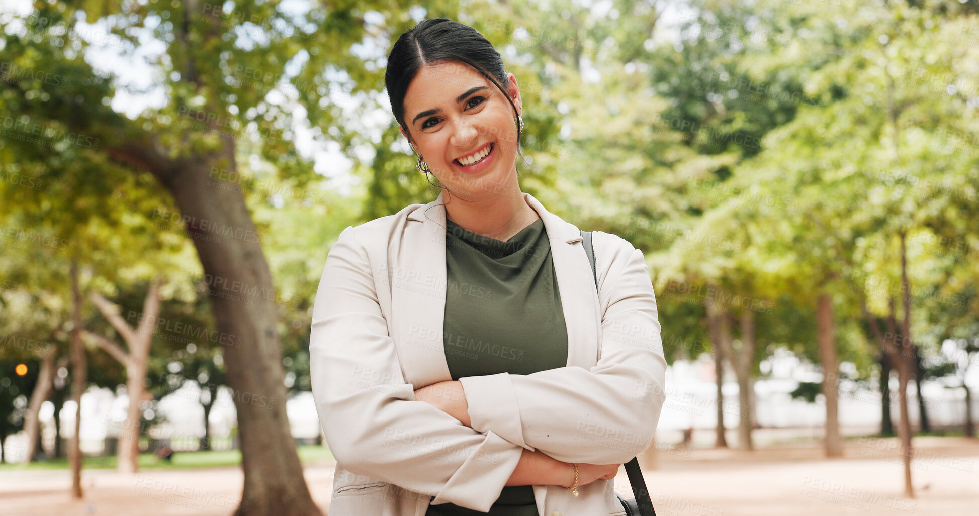 Buy stock photo Commute, portrait or businesswoman in park with arms crossed, ambition or morning travel in work routine. Happy, journey or employee with confidence, pedestrian trip or career pride at start of day.