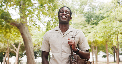 Buy stock photo Business, portrait or black man in park with commute, ambition or morning travel in work routine. Happiness, journey or employee in town with bag, pedestrian trip or career pride at start of day.