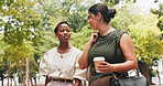 Business, people and commute in park with coffee, public relations job and talk for morning gossip. Women, coworkers and walk outdoor with journey, conversation and beverage for travel to PR agency.