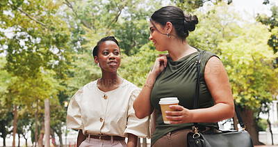 Buy stock photo Business, people and commute in park with coffee, public relations job and talk for morning gossip. Women, coworkers and walk outdoor with journey, conversation and beverage for travel to PR agency.