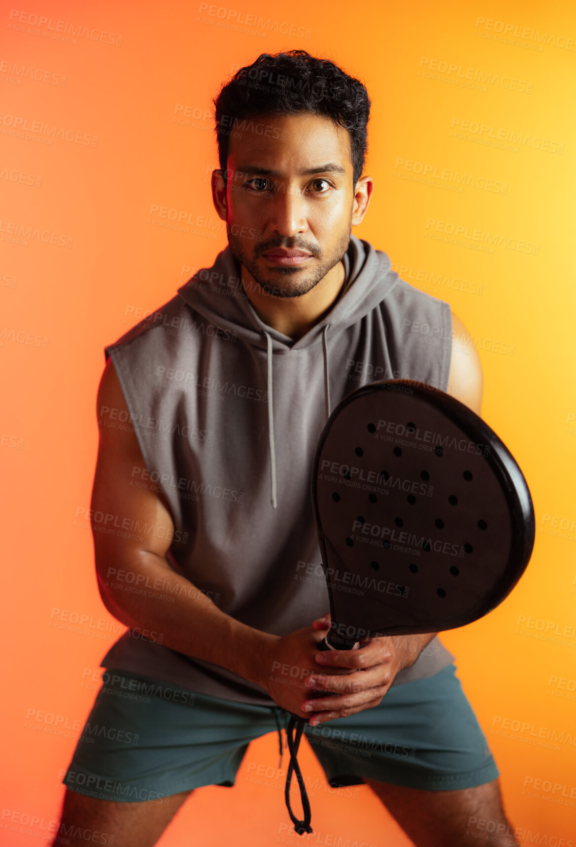 Buy stock photo Ready, racket and padel with portrait of man for serve, sports athlete and fitness practice. Competition tournament, tennis match challenge and training with person on studio background for exercise