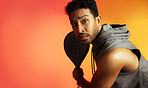 Tennis, racket and padel with portrait of man for serve, sports athlete and swing practice. Competition tournament, match challenge and training with person on studio background for exercise space