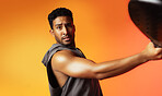 Fitness, tennis and padel with portrait of man for serve, sports athlete and swing practice. Competition tournament, match challenge and training with person on studio background for exercise