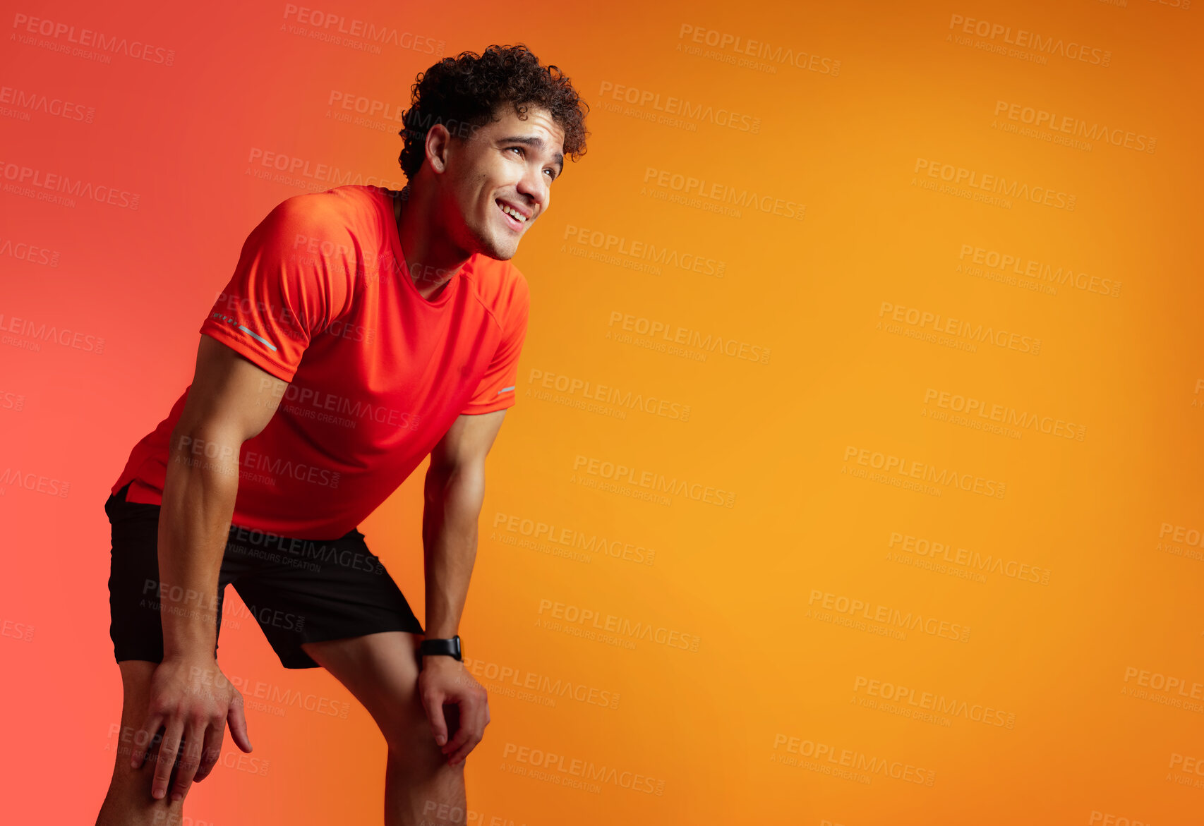 Buy stock photo Tired, athlete and man for fitness in studio background with vision, daydreaming and exercise recovery. Mockup space, smile and person with reflection, sports training and workout break for wellness