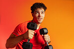 Man, dumbbells and exercise in studio with punch, confidence and mock up space on orange background. Person, boxer and martial arts with weightlifting for power, fitness and workout for muscle growth
