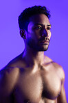 Man, fitness and topless with sweat in studio for reflection, break and mindset on purple background. Person, bodybuilder and thinking with perspective, shirtless and muscle growth with wellness