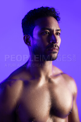 Buy stock photo Man, fitness and topless with sweat in studio for reflection, break and mindset on purple background. Person, bodybuilder and thinking with perspective, shirtless and muscle growth with wellness