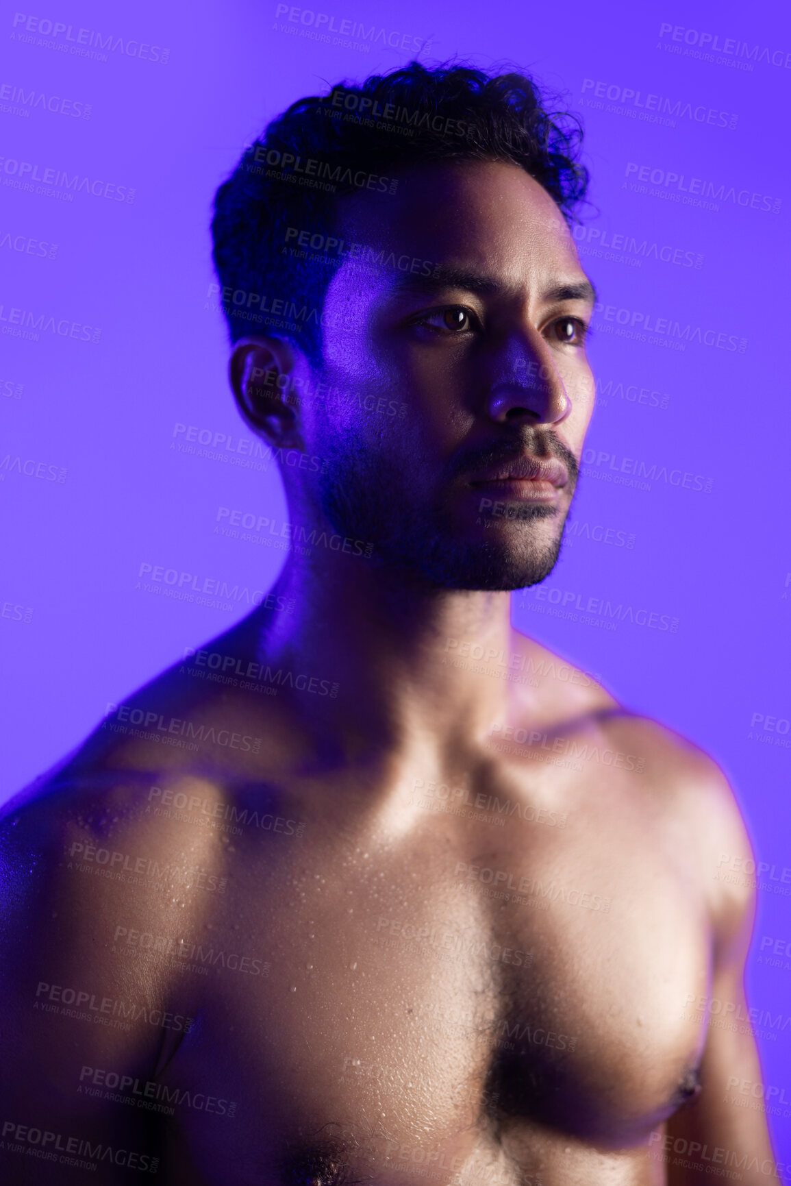 Buy stock photo Man, fitness and topless with sweat in studio for reflection, break and mindset on purple background. Person, bodybuilder and thinking with perspective, shirtless and muscle growth with wellness