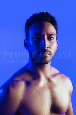Buy stock photo Portrait, serious and man for fitness in studio background with exercise, training and strong triceps. Shirtless, male person and sweating from intense workout, muscle growth and resilience challenge