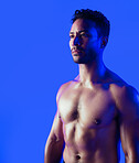 Thinking, fitness and muscle with man in studio for health, reflection and bodybuilder. Wellness, training vision and workout with topless person on background for athlete, strong and exercise