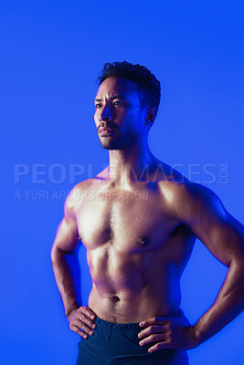 Buy stock photo Thinking, bodybuilder and muscle with man in studio for health, reflection and fitness. Wellness, training vision and workout with topless person on background for athlete, strong and exercise