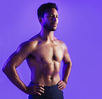 Thinking, fitness and health with man in studio for muscle, reflection and bodybuilder. Wellness, training vision and workout with topless person on background for athlete, strong and exercise
