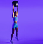 Woman, fitness and medicine ball in studio with workout, stretching and mockup space on purple background. Person, balance and training with gear, intense exercise and muscle development for wellness