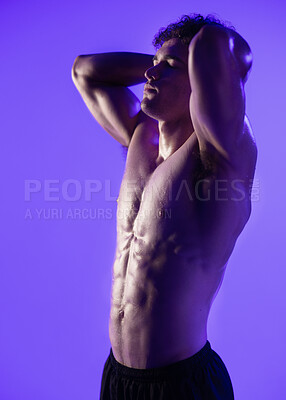 Buy stock photo Vision, fitness and muscle with man in studio for health, reflection and bodybuilder. Wellness, training and workout with topless person thinking on background for athlete, strong and exercise