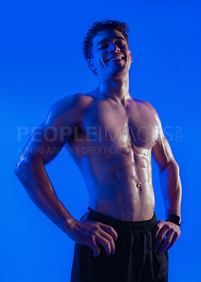 Buy stock photo Portrait, smile and man for fitness in studio background with exercise, training and body results. Shirtless, male person and sweating from intense workout, muscle growth and resilience challenge