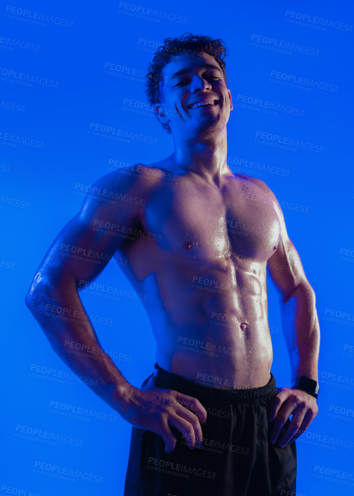 Buy stock photo Portrait, smile and man for fitness in studio background with exercise, training and body results. Shirtless, male person and sweating from intense workout, muscle growth and resilience challenge