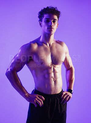 Buy stock photo Portrait, fitness and muscle with man in studio for health, pride and bodybuilder. Wellness, training confidence and workout with topless person on background for athlete, strong and exercise