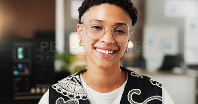Buy stock photo Portrait, programmer and woman in office, smile and software development for website launch. Employee, professional and person in workplace, coding and about us for ai developer and information tech
