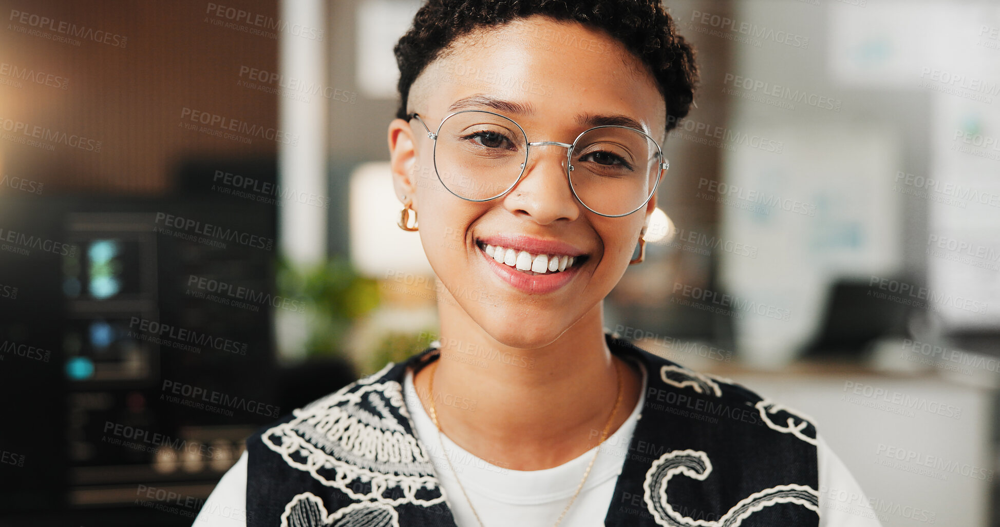 Buy stock photo Portrait, programmer and woman in office, smile and software development for website launch. Employee, professional and person in workplace, coding and about us for ai developer and information tech