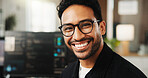 Portrait, programmer and man in office, smile and software development for website launch. Employee, programming and person in workplace, coding and about us for ai developer and information tech