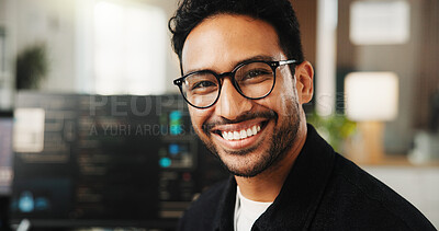 Buy stock photo Portrait, programmer and man in office, smile and software development for website launch. Employee, programming and person in workplace, coding and about us for ai developer and information tech