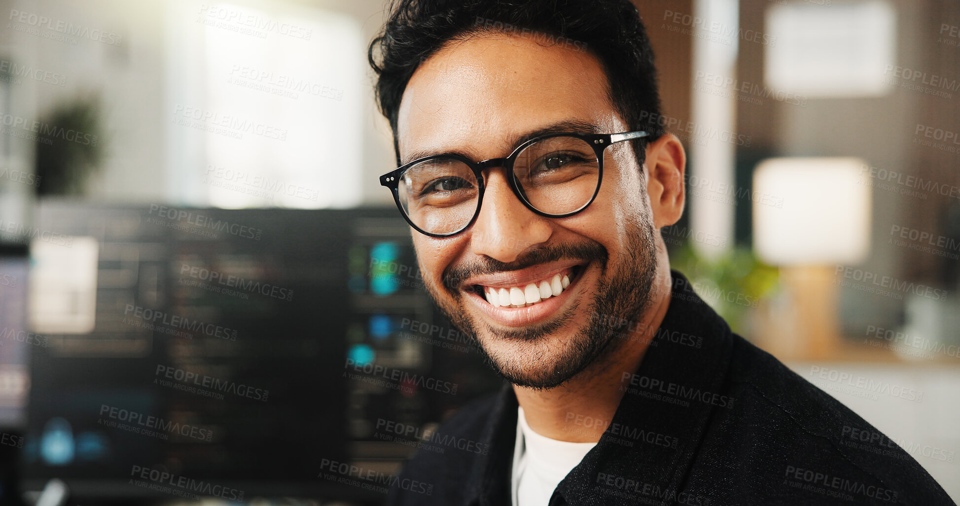 Buy stock photo Portrait, programmer and man in office, smile and software development for website launch. Employee, programming and person in workplace, coding and about us for ai developer and information tech