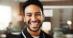 Businessman, portrait and smile with pride in office for business, creative career or opportunity. Happy man, employee or designer with positive attitude for proud job, development or work passion
