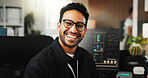 Portrait, programmer and man in office, funny and software development for website launch. Employee, programming or person in workplace, coding and about us for gaming developer and laughing for joke