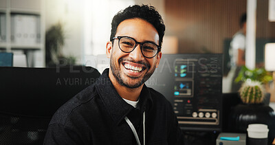 Buy stock photo Portrait, programmer and man in office, funny and software development for website launch. Employee, programming or person in workplace, coding and about us for gaming developer and laughing for joke