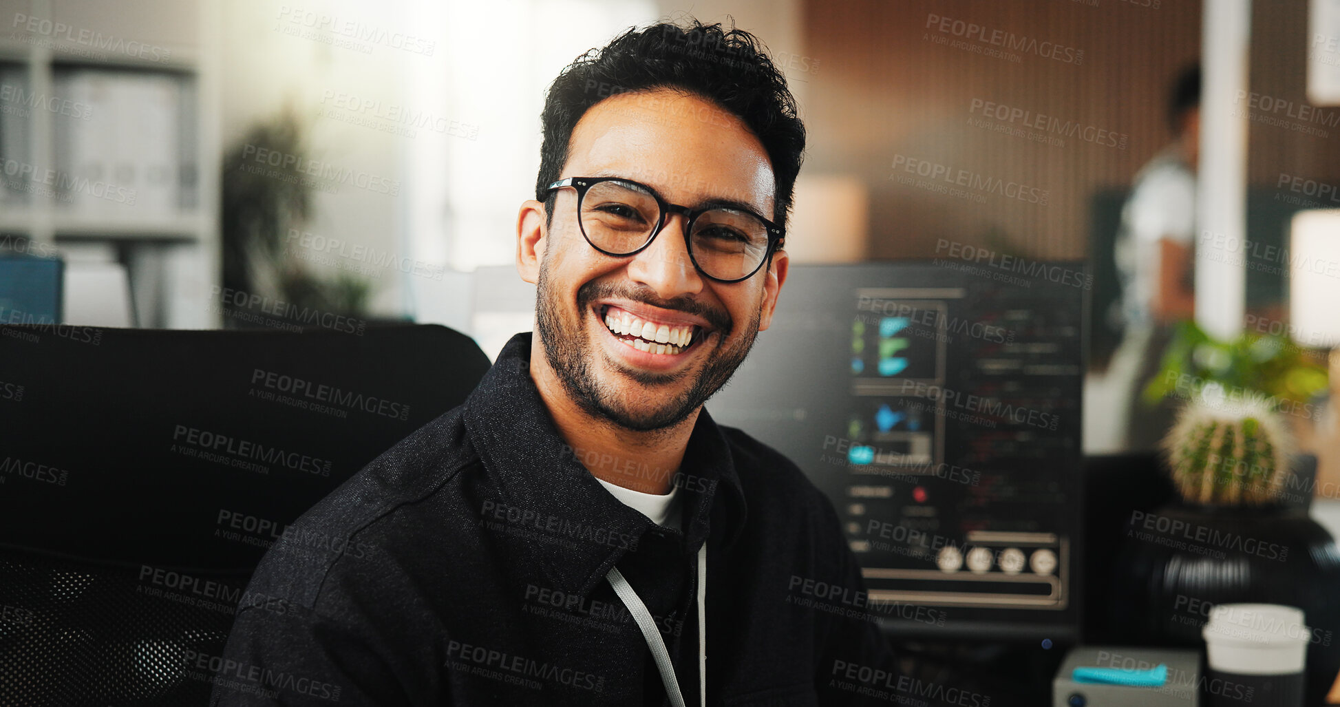 Buy stock photo Portrait, programmer and man in office, funny and software development for website launch. Employee, programming or person in workplace, coding and about us for gaming developer and laughing for joke