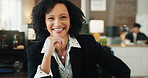 Happy, portrait and businesswoman with ambition in office, online and programmer with career growth. Computer screen, code and person with smile for software development, confident and coworking