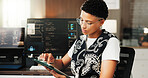 Woman, tablet and programmer at office with typing, glasses and review for coding report at company. Person, tech and IT developer with application, scroll and computer screen with notes at agency