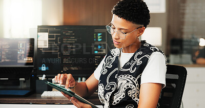 Buy stock photo Woman, tablet and programmer at office with typing, glasses and review for coding report at company. Person, tech and IT developer with application, scroll and computer screen with notes at agency