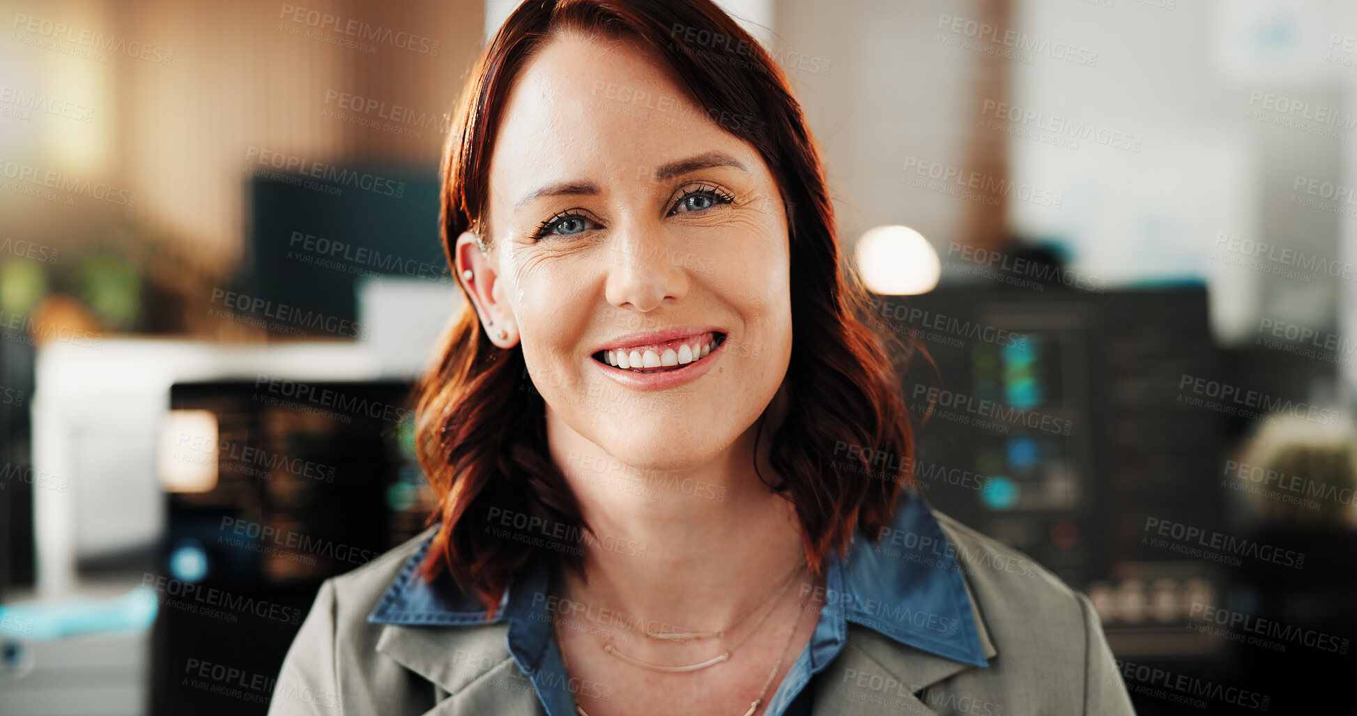 Buy stock photo Portrait, coding and woman in office, smile and software development for website launch. Employee, business and person in workplace, programming and about us for ai developer and information tech