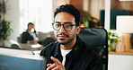 Reading, glasses and man with computer in office, copywriting and planning for blog post on website. Search, online and person with tech for project, email marketing and review with eyewear for draft