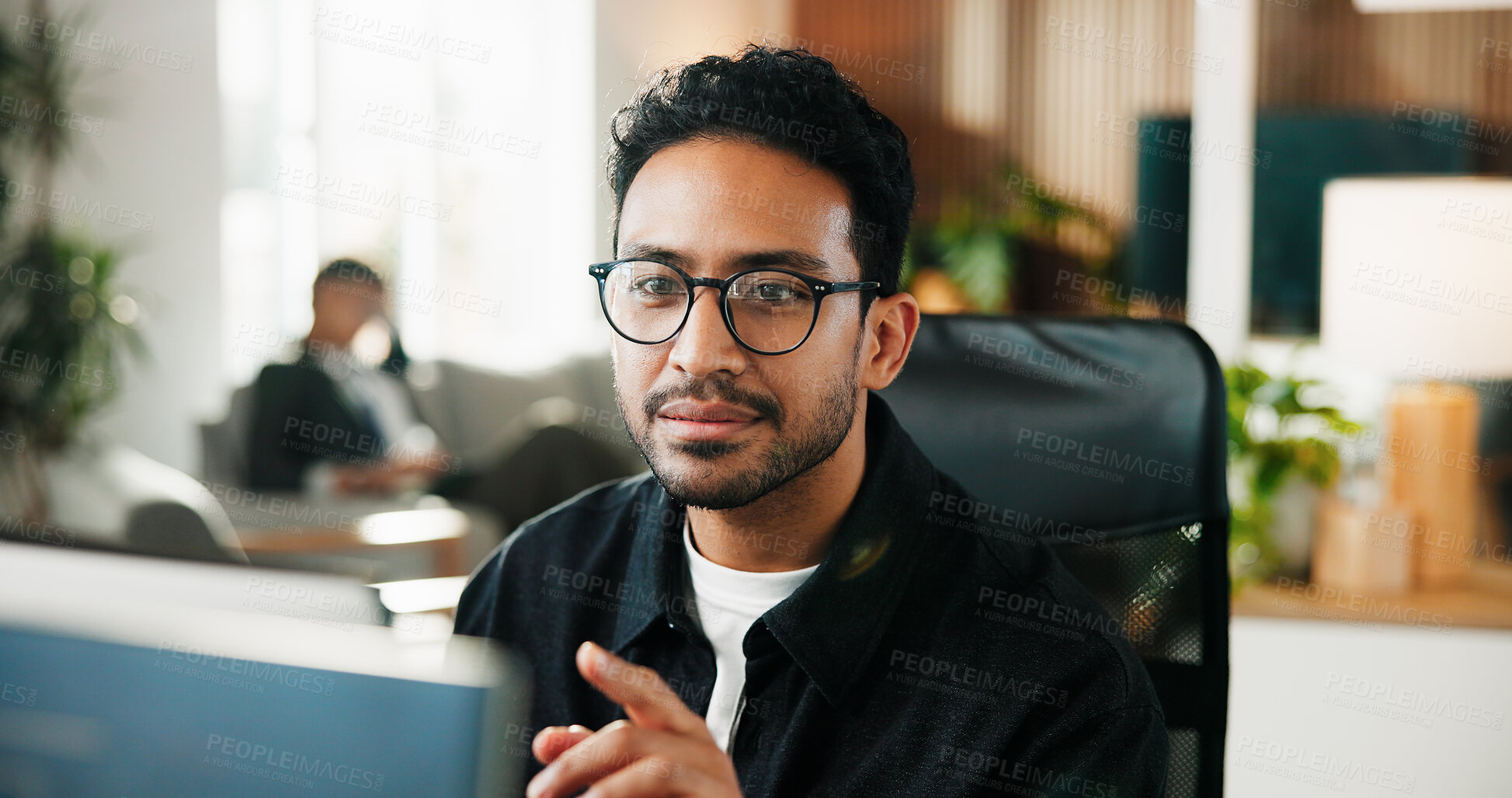 Buy stock photo Reading, glasses and man with computer in office, copywriting and planning for blog post on website. Search, online and person with tech for project, email marketing and review with eyewear for draft