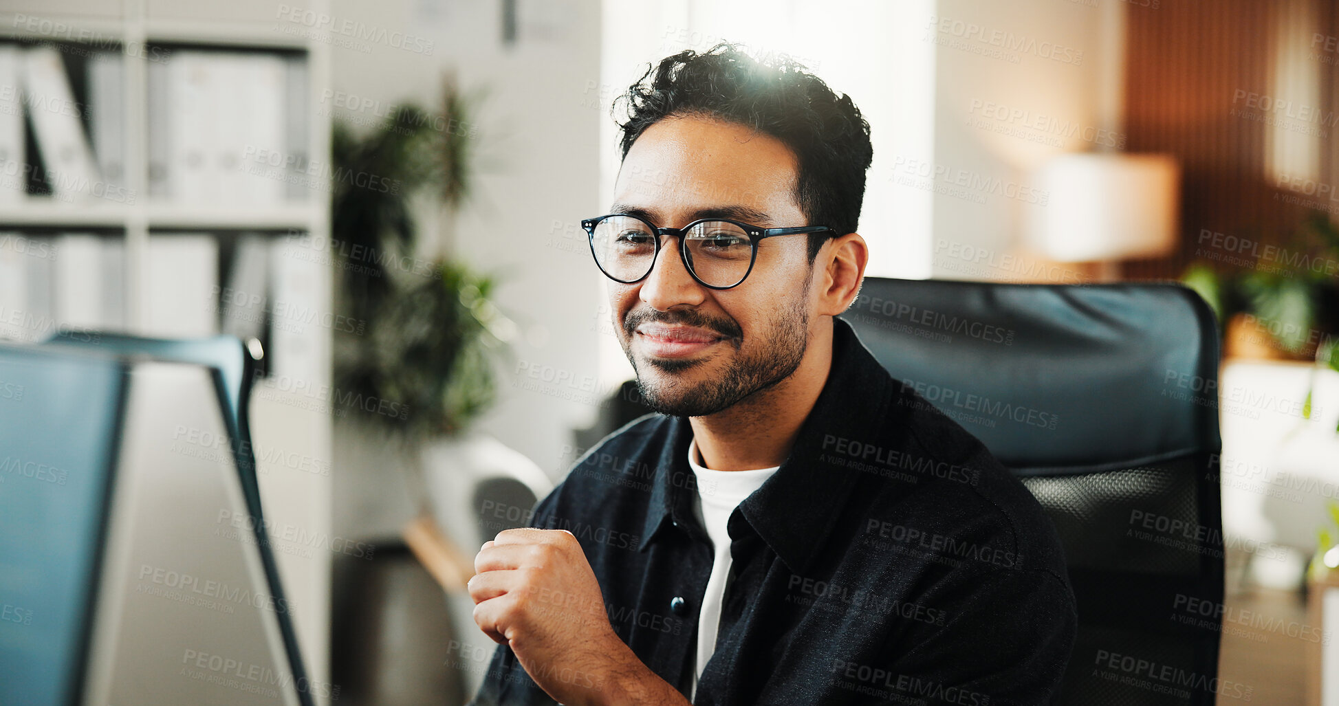 Buy stock photo Creative, glasses and man with computer in office, copywriting and planning for blog post on website. Reading, online and happy person with tech for project, email marketing and eyewear for article
