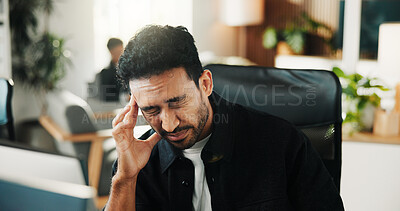 Buy stock photo Frustrated, man and headache with stress in office for overworked pressure, strain or deadline. Tired, businessman or migraine with sore ache or anxiety for burnout, fatigue or mental health at work