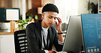 Tired, woman and programmer with headache in office for overworked, pressure or strain. Frustrated, female person or coder with migraine, pain or sore ache on computer for mistake or program error